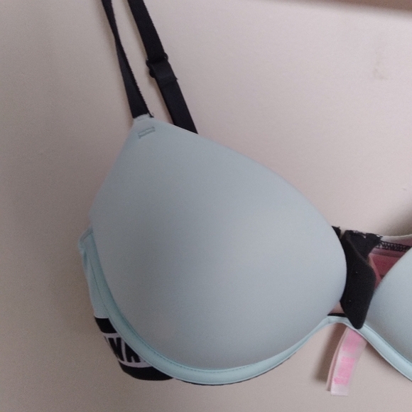 Pink Victoria's Secret Wear Everywhere Light Blue Spell Out Push Up Bra Size 32C - Picture 5 of 12